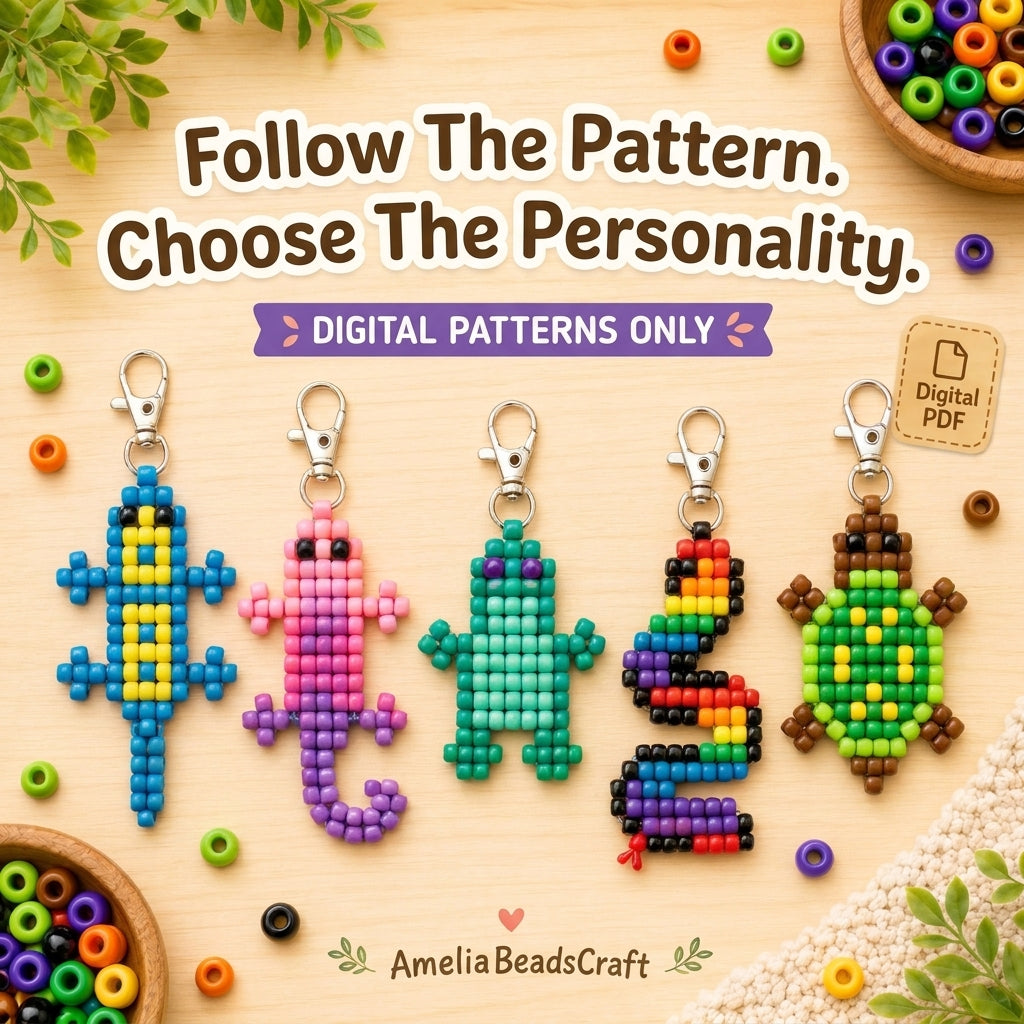 🦎 Pony Bead Reptile Keychain Set — 5 Patterns (PDF)