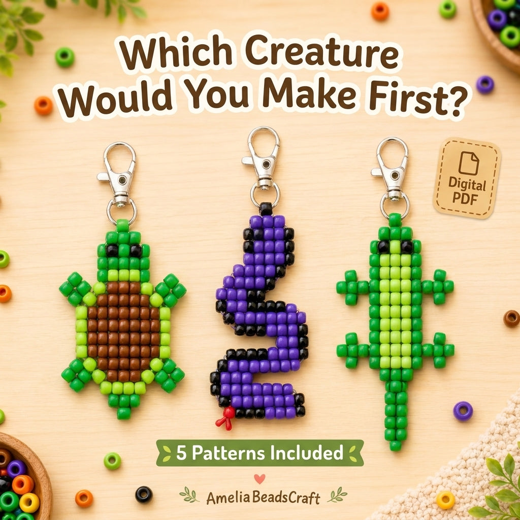 🦎 Pony Bead Reptile Keychain Set — 5 Patterns (PDF)