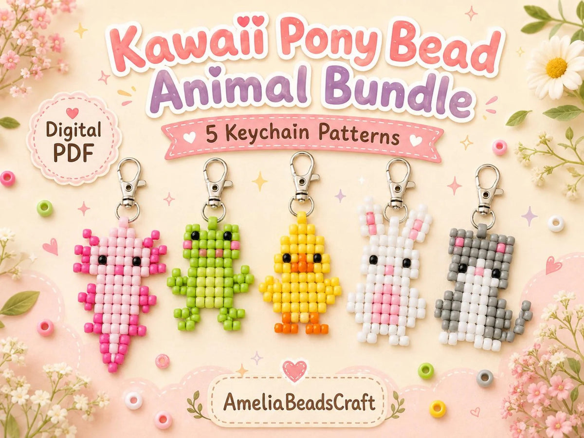 🐰 Pony Bead Baby Animal Keychain Set — 5 Patterns (PDF)