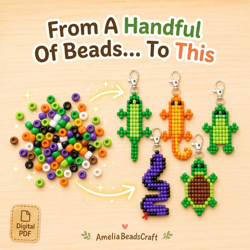 🦎 Pony Bead Reptile Keychain Set — 5 Patterns (PDF)