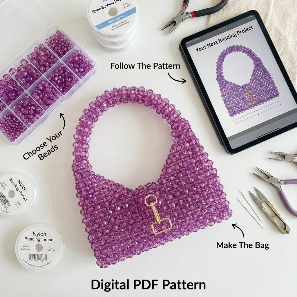 Beaded Bag Pattern — Woven Crystal Shoulder Bag with Curved Handle, Step-by-Step PDF Tutorial, Instant Download
