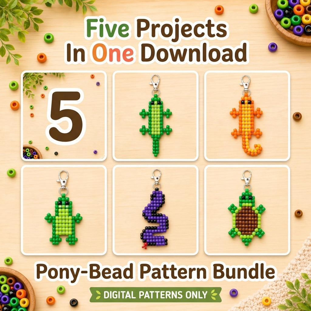 🦎 Pony Bead Reptile Keychain Set — 5 Patterns (PDF)