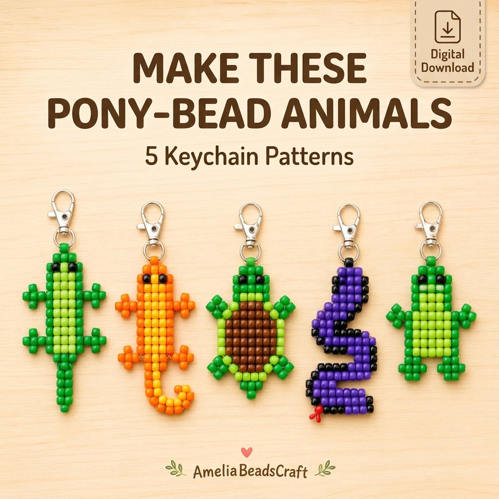 🦎 Pony Bead Reptile Keychain Set — 5 Patterns (PDF)