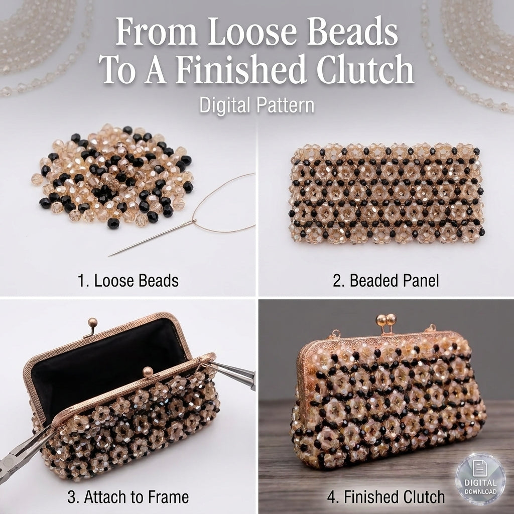 Beaded Clutch Bag Pattern — 3D Textured Evening Clutch on a Metal Frame, Step-by-Step PDF, Instant Download