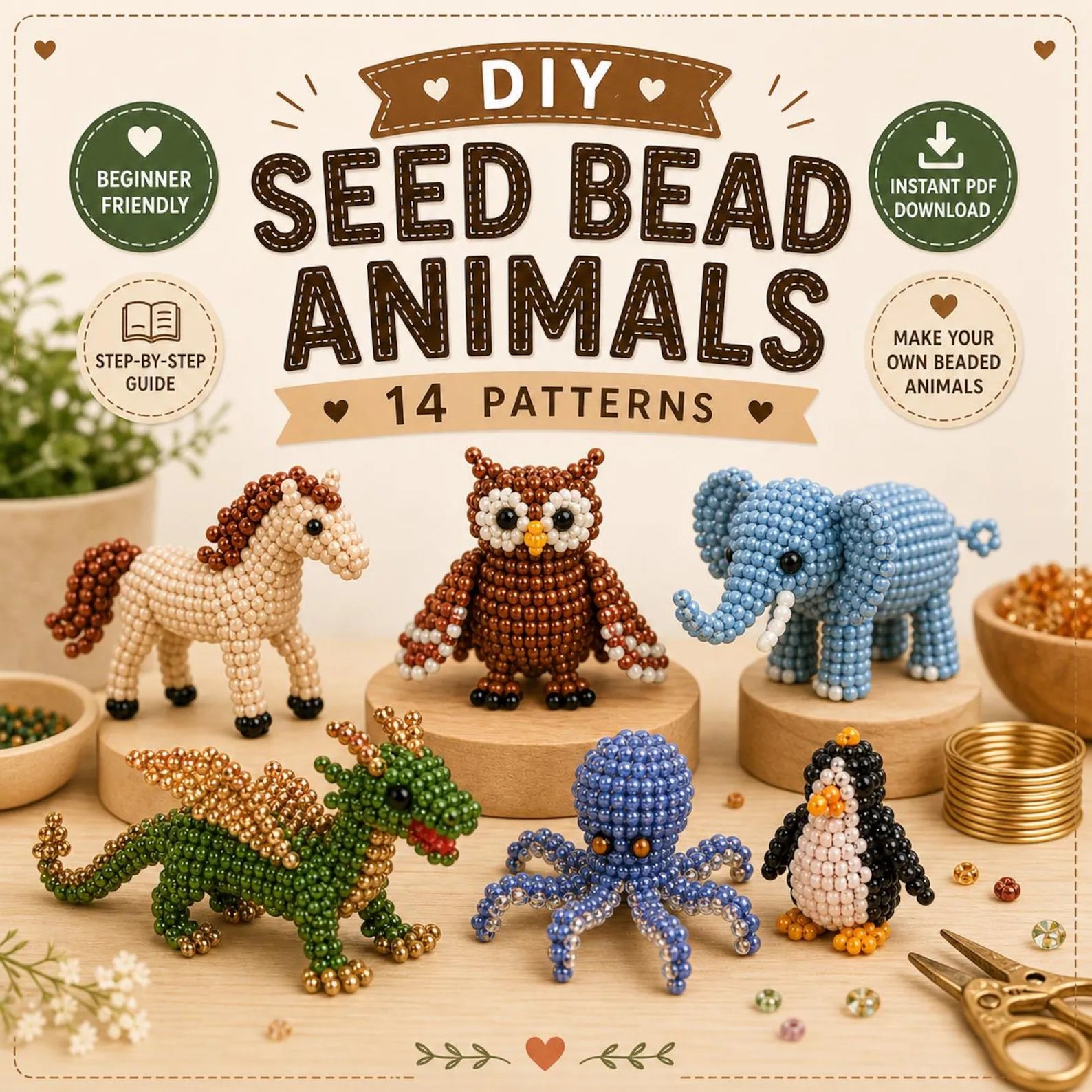 🦉 3D Seed Bead Animal Bundle — 6 Patterns (PDF)
