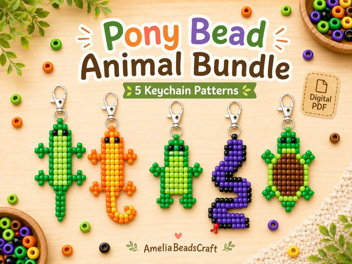 🦎 Pony Bead Reptile Keychain Set — 5 Patterns (PDF)