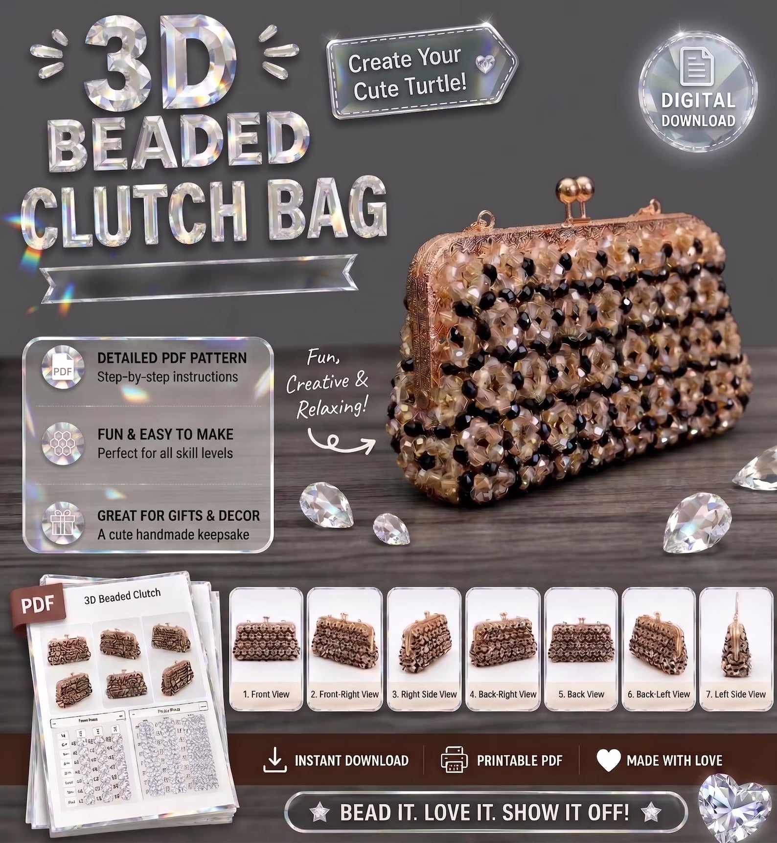 Beaded Clutch Bag Pattern — 3D Textured Evening Clutch on a Metal Frame, Step-by-Step PDF, Instant Download